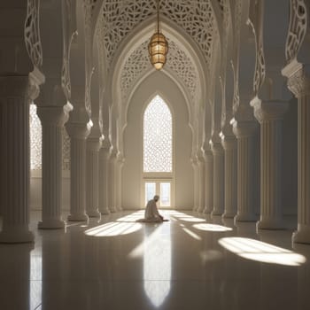 A person in a seated position on the floor inside a building.