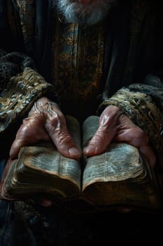 A man holds an open book in his hands.