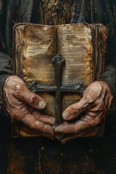 A painting depicting hands cradling a book with a cross on it in prayer.