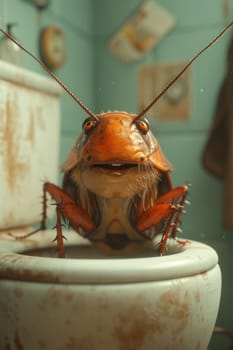 A big cockroach is sitting on the toilet in the toilet.