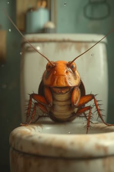 A big cockroach is sitting on the toilet in the toilet.