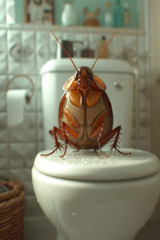 A big cockroach is sitting on the toilet in the toilet.