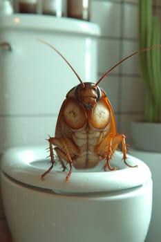 A big cockroach is sitting on the toilet in the toilet.