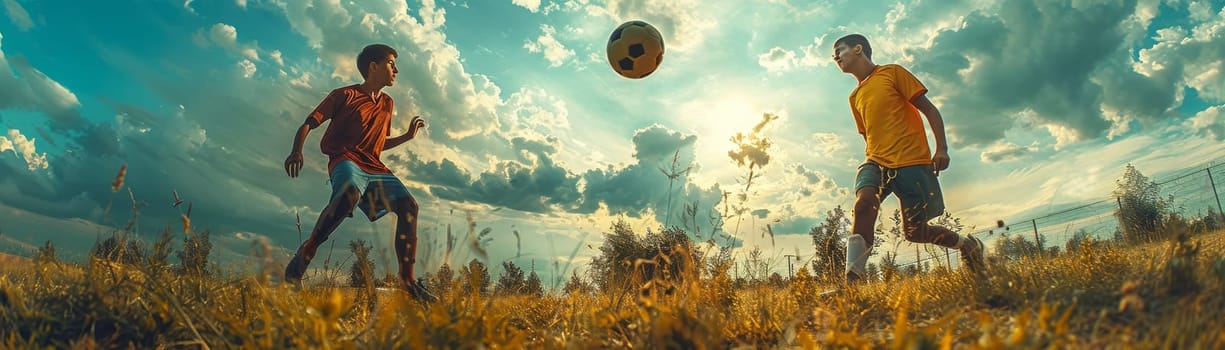 Two soccer players are playing a game of soccer in a field. One of the players is wearing a red jersey and is about to kick the ball. The sky is cloudy, and the sun is shining through the clouds