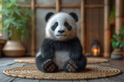 A panda teddy bear is sitting on the floor at home.