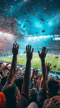 A crowd of people are celebrating in a stadium, with many of them wearing orange scarves. The atmosphere is lively and energetic, with everyone cheering and clapping