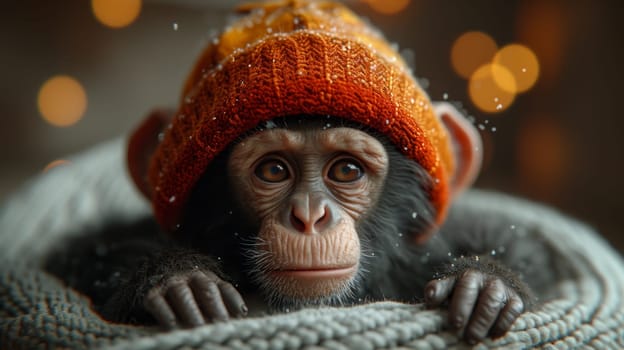Funny monkey in a warm hat sitting in a home interior.