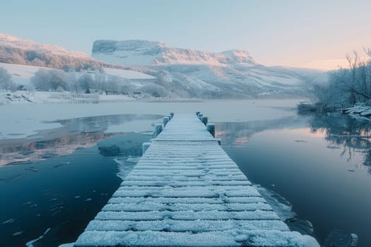 A wooden pier is in front of a mountain range. The water is calm and the sky is pink