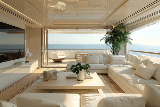 A large living room with a view of the ocean. The room is decorated in a minimalist style with white furniture and a white rug. The couch is positioned in the center of the room