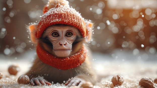 Funny monkey in a warm hat sitting in a home interior.