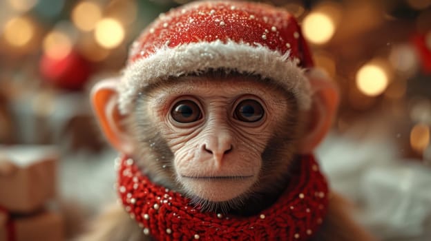 Funny monkey in a warm hat sitting in a home interior.