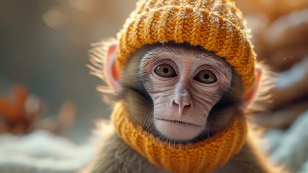 Funny monkey in a warm hat sitting in a home interior.