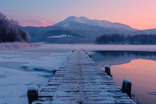 A wooden pier is in front of a mountain range. The water is calm and the sky is pink