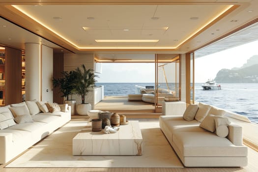 A large living room with a view of the ocean. The room is decorated in a minimalist style with white furniture and a white rug. The couch is positioned in the center of the room