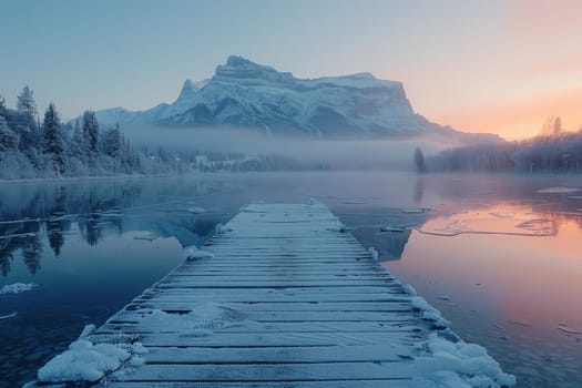 A wooden pier is in front of a mountain range. The water is calm and the sky is pink