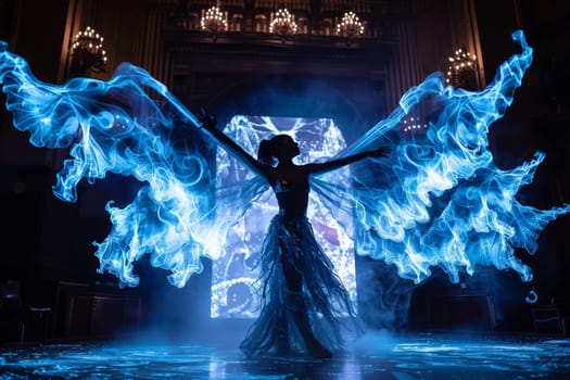 A woman in a blue costume with wings is dancing in front of a large screen. The blue wings and the blue dress create a sense of fantasy and magic. The woman's movements are graceful and fluid