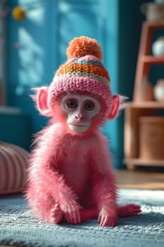 A pink monkey in a warm hat sitting in a blue interior.