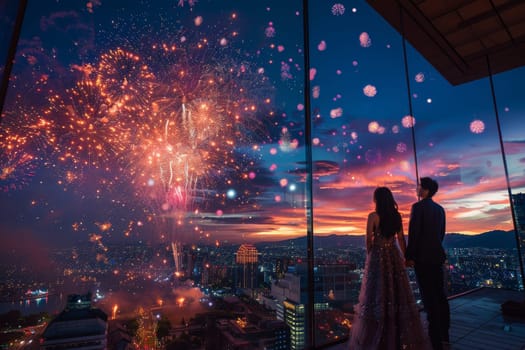 A couple is standing in front of a window looking out at a fireworks display. The sky is filled with bright colors and the couple is dressed in formal attire. Scene is romantic and celebratory