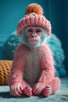 A pink monkey in a warm hat sitting in a blue interior.