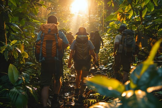 A group of people are hiking through a forest, with some of them wearing backpacks. Scene is adventurous and exciting, as the group is exploring the wilderness together