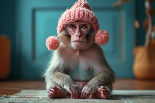 A pink monkey in a warm hat sitting in a blue interior.