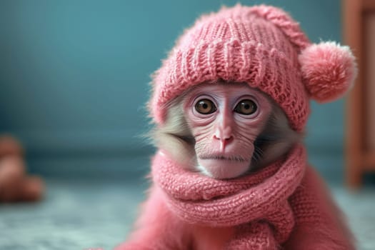 A pink monkey in a warm hat sitting in a blue interior.