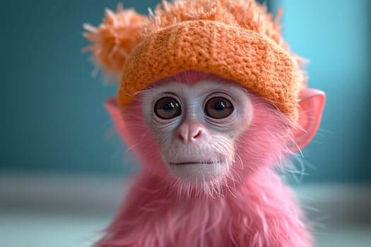 A pink monkey in a warm hat sitting in a blue interior.