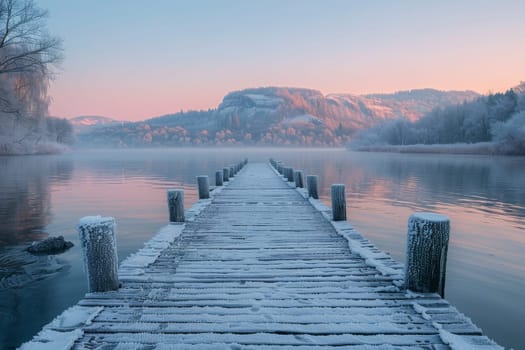 A wooden pier is in front of a mountain range. The water is calm and the sky is pink