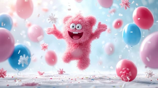 A funny cartoon fluffy character is having fun on the background of festive balloons. The concept of the holiday. 3d illustration.