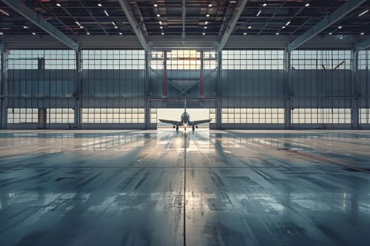A white plane is sitting in a large hangar. The hangar is empty and the plane is the only thing visible