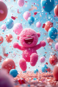 A happy cartoon fluffy character runs against the background of festive balloons. The concept of the holiday. 3d illustration.