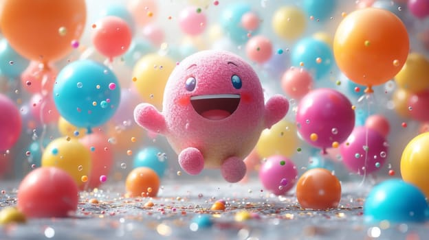 A cheerful cartoon pink character is having fun on the background of festive balloons. The concept of the holiday. 3d illustration.