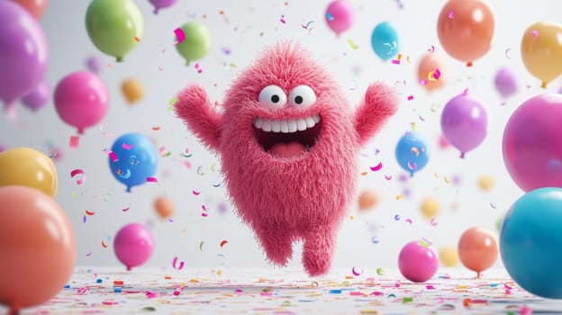 A funny cartoon fluffy character is having fun on the background of festive balloons. The concept of the holiday. 3d illustration.