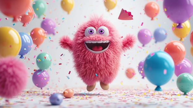 A funny cartoon fluffy character is having fun on the background of festive balloons. The concept of the holiday. 3d illustration.