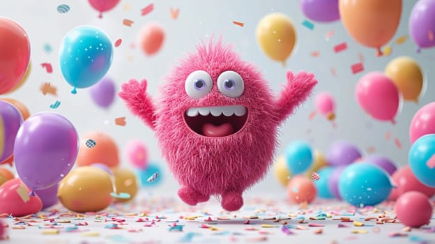 A funny cartoon fluffy character is having fun on the background of festive balloons. The concept of the holiday. 3d illustration.