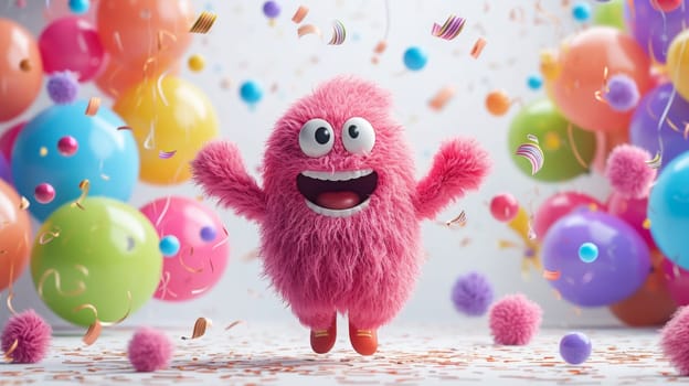 A funny cartoon fluffy character is having fun on the background of festive balloons. The concept of the holiday. 3d illustration.