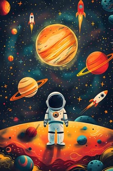 An astronaut is standing on an orange planet, surrounded by rockets and other astronomical objects in space. The world is filled with lighting and creative arts, resembling a painting of the universe