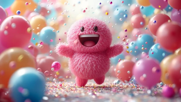 A funny cartoon fluffy character is having fun on the background of festive balloons. The concept of the holiday. 3d illustration.