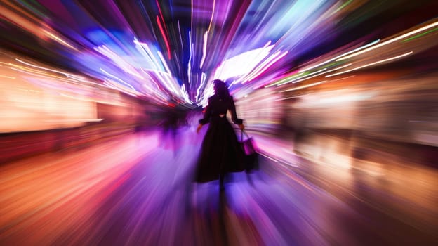 A woman walks through the city at night. Strong background blur at high shutter speed AI