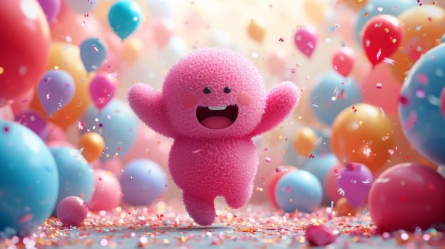 A cheerful cartoon pink character rubs against the background of festive balloons. The concept of the holiday. 3d illustration.