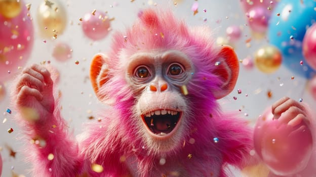 A cheerful pink monkey on the background of festive balloons. The concept of the holiday.