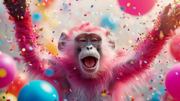 A cheerful pink monkey on the background of festive balloons. The concept of the holiday.