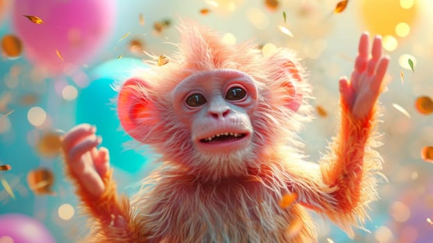 A cheerful pink monkey on the background of festive balloons. The concept of the holiday.