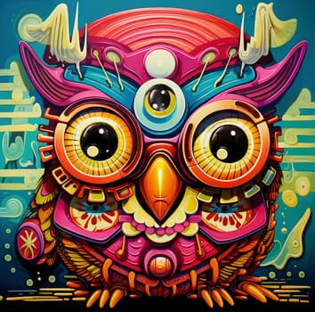 Abstract decorative psychedelic owl portrait. Owl is a symbol of wisdom. Template for poster, logo, t-shirt print, sticker, etc.