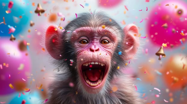 A cheerful pink monkey on the background of festive balloons. The concept of the holiday.