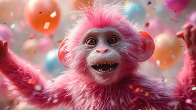 A cheerful pink monkey on the background of festive balloons. The concept of the holiday.