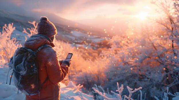 A person with a backpack is standing in the snowy landscape, looking at their cell phone. The sky is cloudy and the grassland is covered in snow, creating a serene yet cold atmosphere