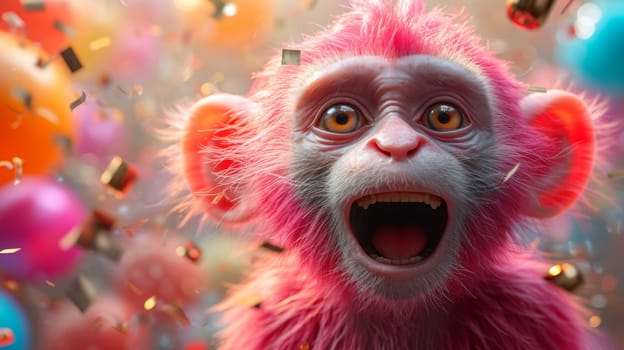 A cheerful pink monkey on the background of festive balloons. The concept of the holiday.