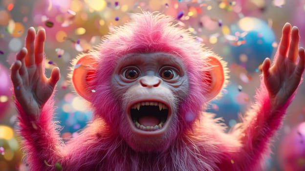 A cheerful pink monkey on the background of festive balloons. The concept of the holiday.