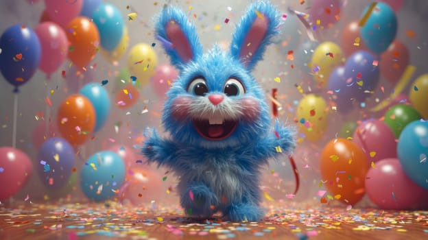 A cheerful cartoon blue hare is having fun on the background of festive balloons. The concept of the holiday. 3d illustration.